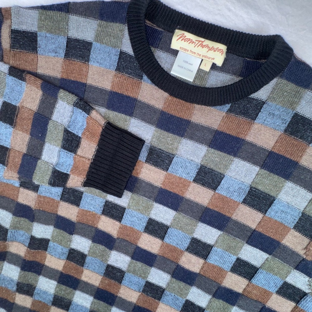Norm‎ Thompson Sweater Mens Large Blue Brown Checkered 100% Wool Coogi Style